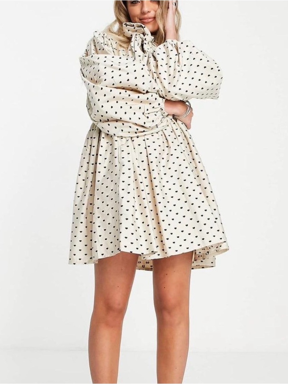 Sister Jane Cream Puff-Sleeve Bow-Tie Polka Heart Dress